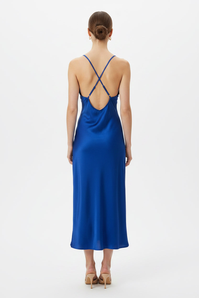 Navy blue spaghetti strap dress with slit on the side ￼