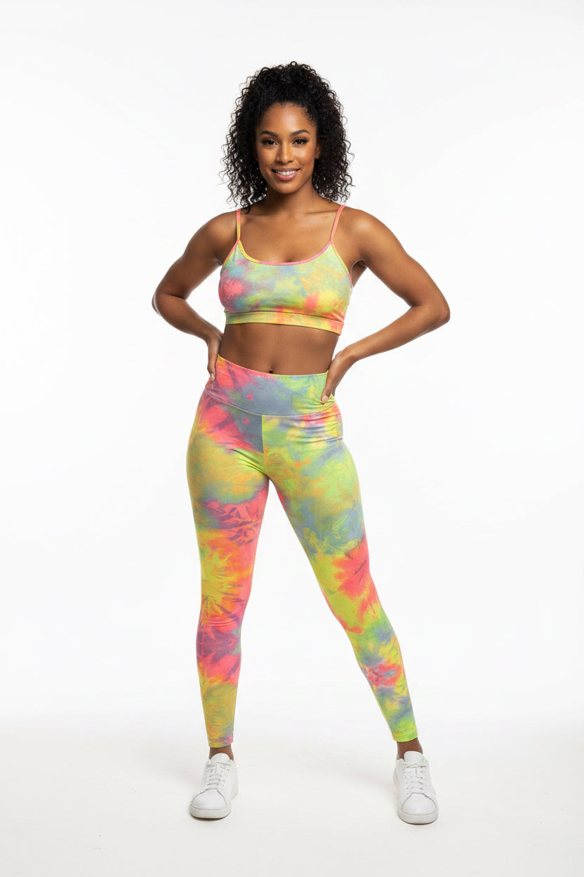 Bra top with tights, tie-dye