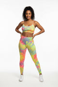 Bra top with tights, tie-dye
