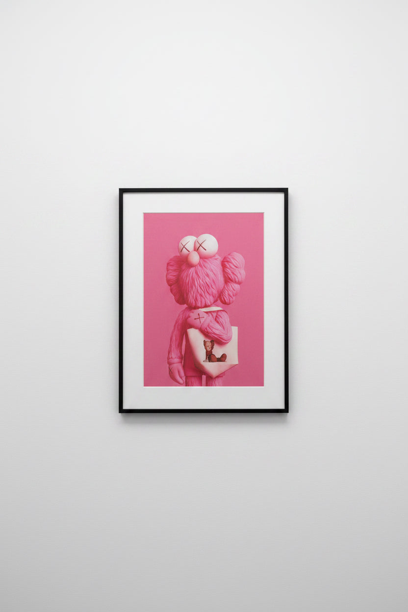 This is a pink KAWS character wall rug poster 21.5 X 32