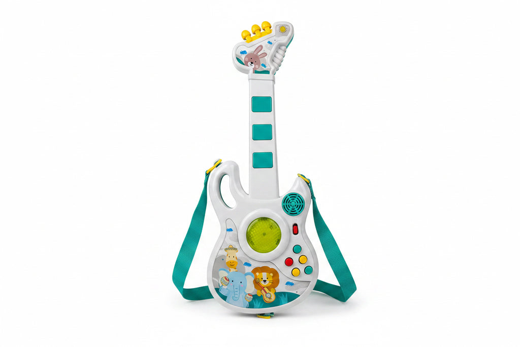 plastic musical toy guitar with lights and animal sounds designed for toddlers.