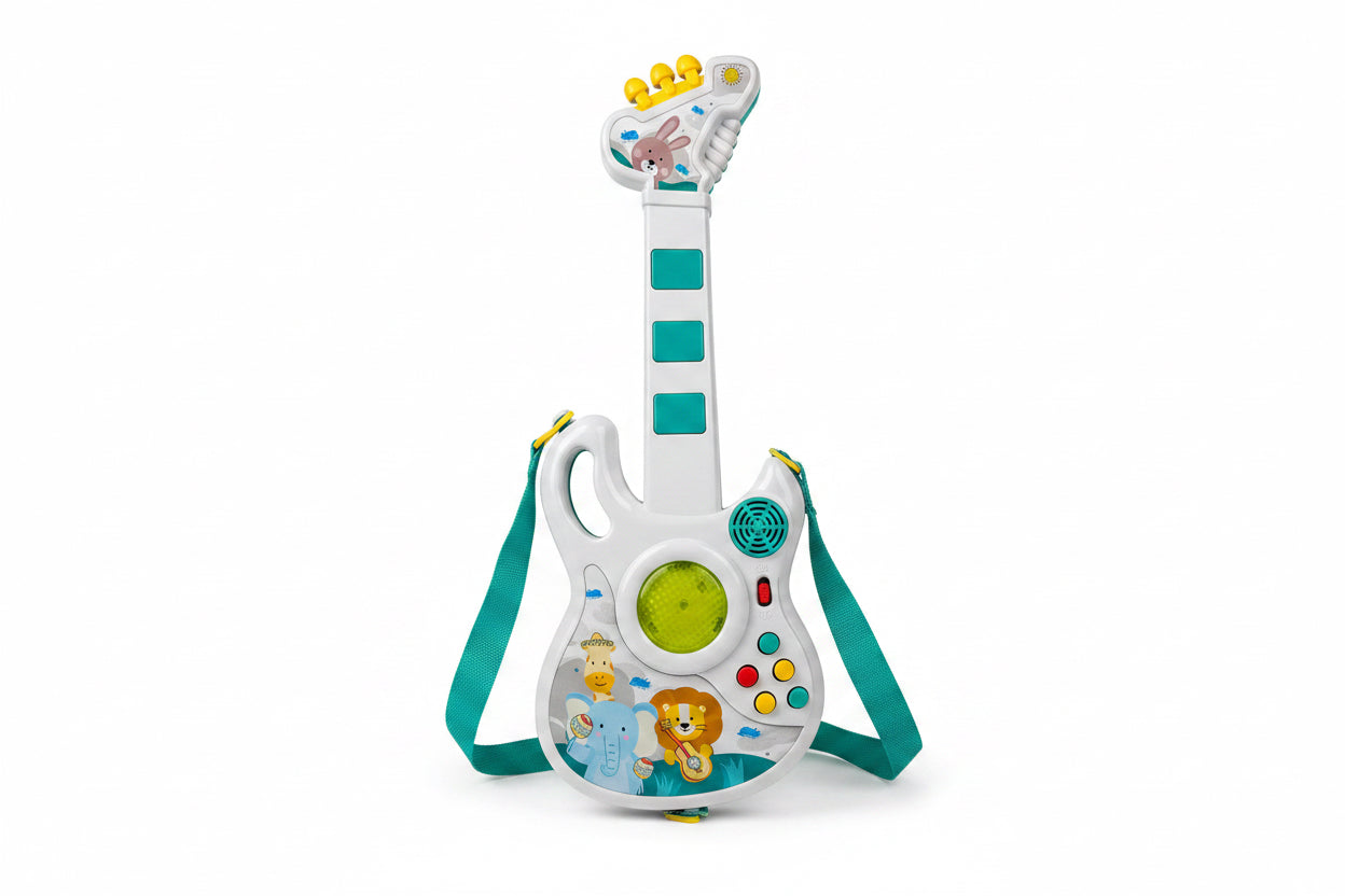 plastic musical toy guitar with lights and animal sounds designed for toddlers.