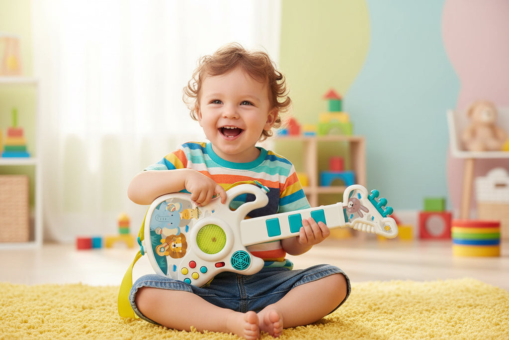 plastic musical toy guitar with lights and animal sounds designed for toddlers.